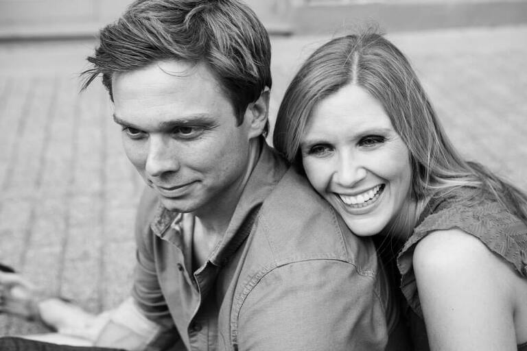 black and white photograph of kansas city couple posing for their photographer