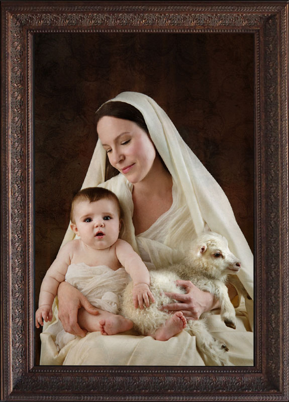 fine art portrait of madonna and child with lamb