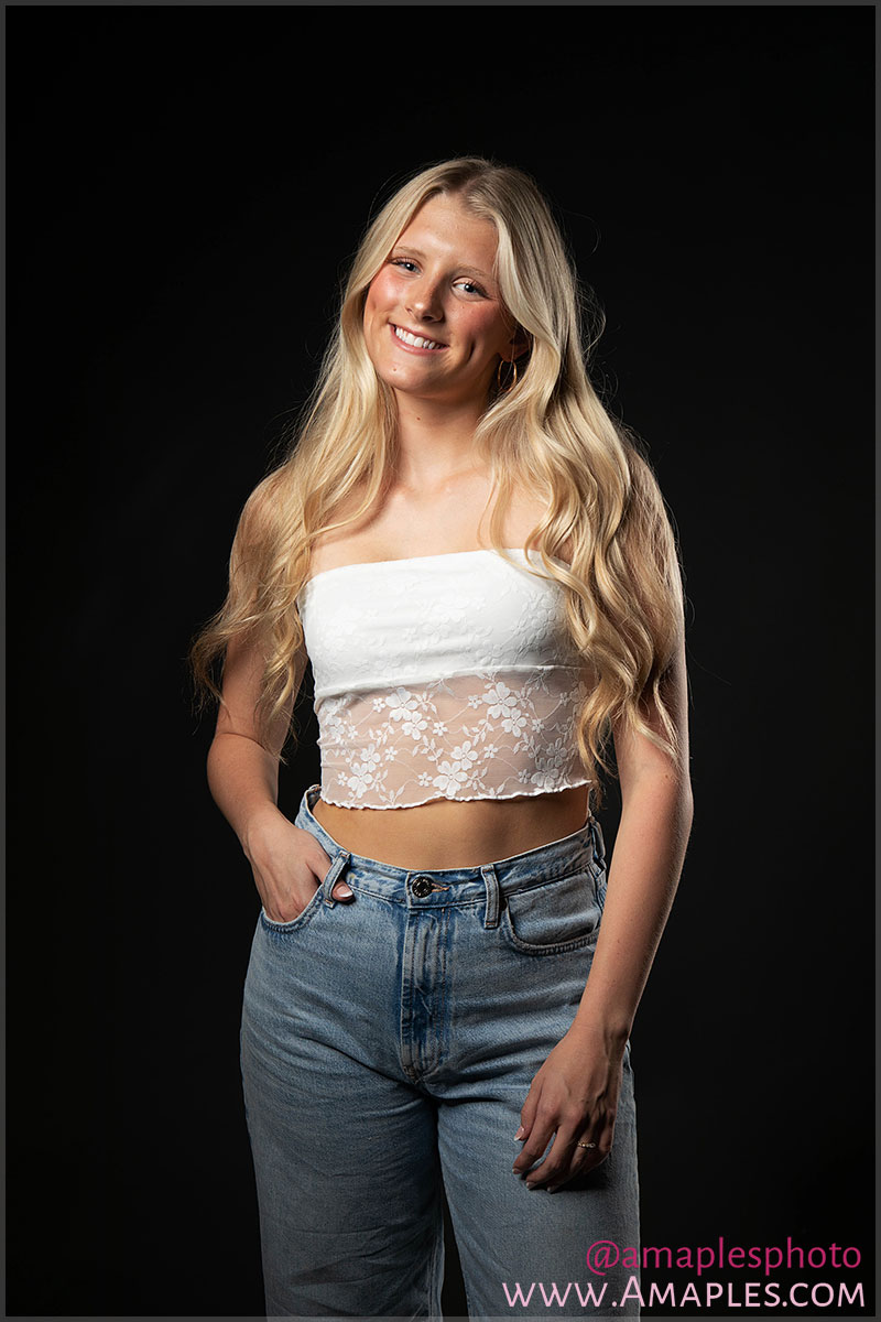 photograph of senior girl in studio wearing crop top
