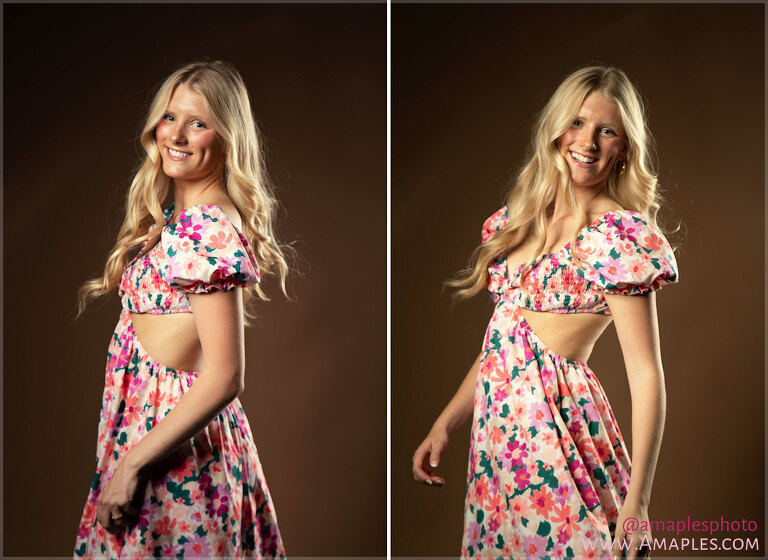 photograph of senior posing for photos in studio in floral dress