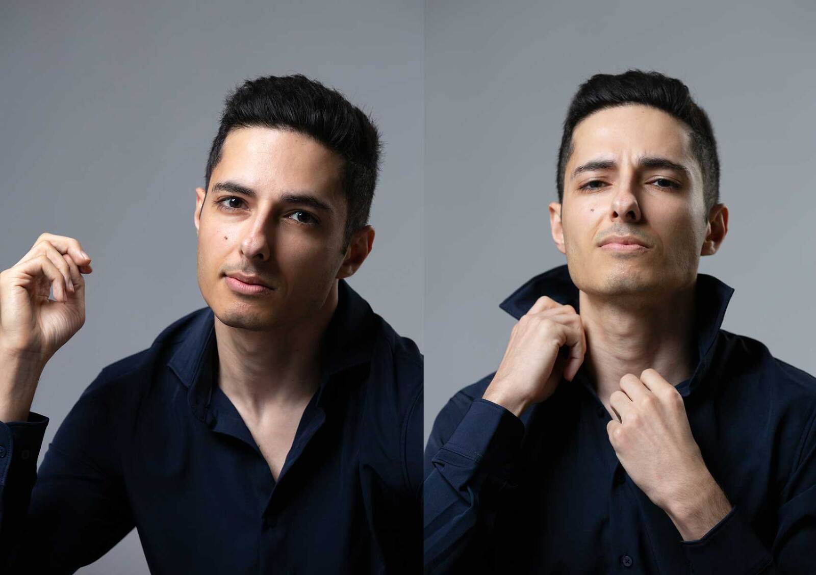 photograph showing two different male modeling poses for headshots